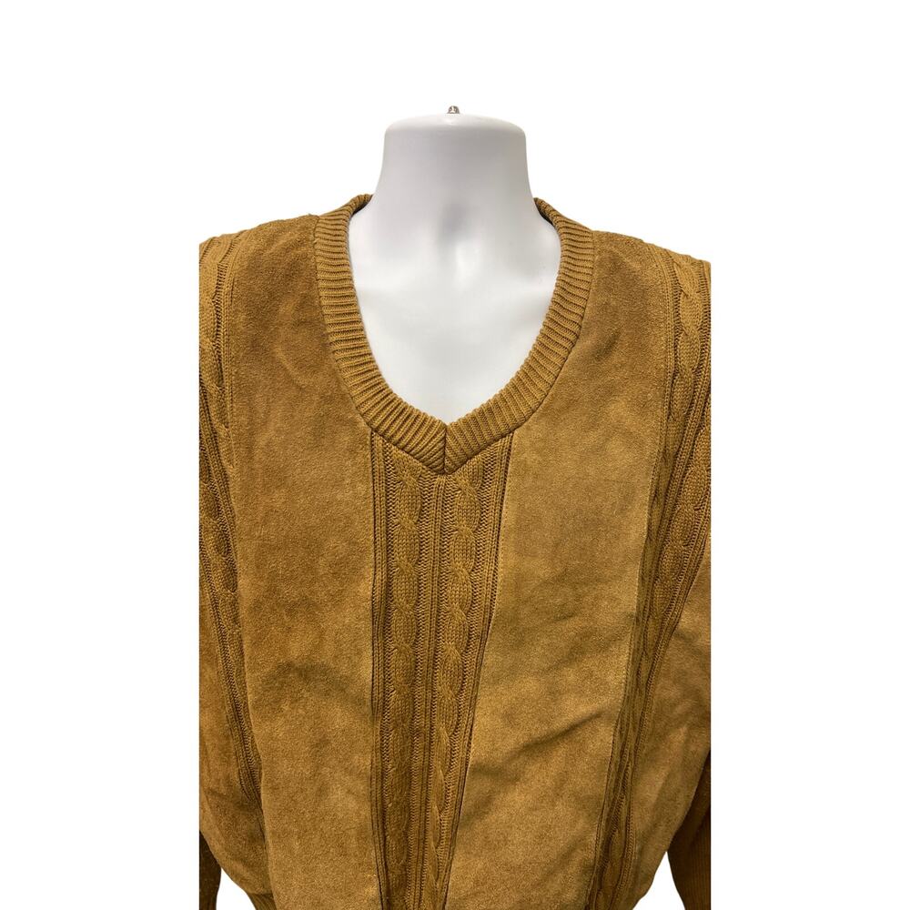 🧥 Hill & Archer XL Tan Faux Suede Cable Knit V Neck Sweater Retro 90s Dadcore - Picture 2 of 3